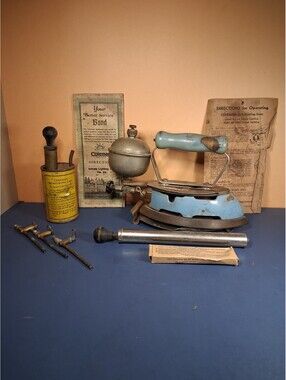 Rare Coleman 4-A Self Heating Gas Iron Light Blue Enamel With Matching Stand Set